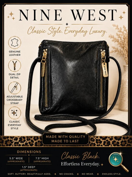 Nine West Handbags - Nine West Genuine Leather Black Crossbody Bag | Dual Zip | Soft Buttery Leather